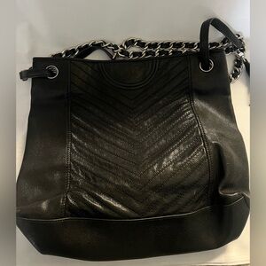 Tory Burch Black Leather Handbag w/ Silver Hardware. Chevron quilted stitching